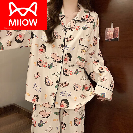 Cat Man (Miiow) Pyjamas mit Brustpolster für Frauen im Frühling, Herbst und Winter reines Baumwoll süßer Cartoon Langarm Lose Sommer Neues Stil Kleidung 02 A724 Kätzchen weiß [mit Brustpolster] M 160