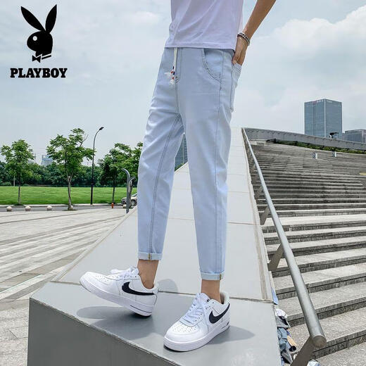 Playboy (Playboy) Hosen für Männer lässige Hosen für Sommer tragen lose und vielseitige trendige Kumpelhosen Straight Jeans für Männer Sommer dünne Männerhosen 673 hellblau/elles Seil XL sammeln Sie Priorität Lieferung]