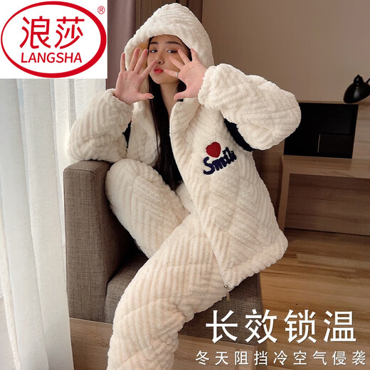 LangSha (LangSha) super thick pajamas for women wearing autumn and winter coral velvet plus velvet three-layer cotton jacket winter flannel home clothing set -6621-[Three-layer plus-thick] M Recommended weight 80-100 Jin [Jin equals 0.5 kg]