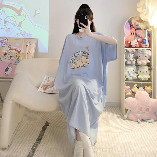 
Pure cotton large size 260Jin [Jin equals 0.5 kg] Summer short-sleeved nightgown for women pregnant women fat MM200Jin [Jin equals 0.5 kg] Loose and larger and fattening home clothes 1369 blue [pure cotton] 4XL 180-210Jin [Jin equals 0.5 kg]