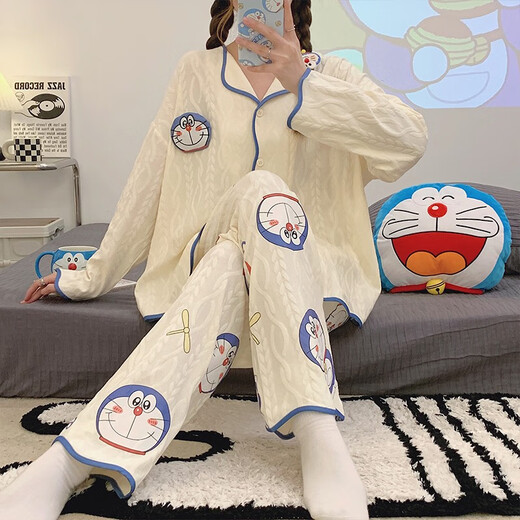 Cool chapter pajamas for women in spring, autumn and winter, long-sleeved pants, thin pure cotton two-piece suit, student loose confinement home clothes, long-sleeved cardigan suit 9207, one size fits all, m size 70-95Jin Jin is equal to 0.5 kg