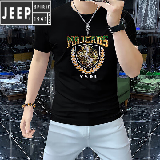 JEEP SPIRIT2025 short-sleeved T-shirt for men's mercerized cotton half-sleeved European and American hot diamond European station round neck slim ice silk sequin A838 black 2XL
