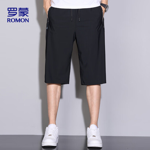 罗蒙（ROMON）运动短裤男夏季透气薄款宽松休闲跑步沙滩裤七分裤ZH9877黑色M