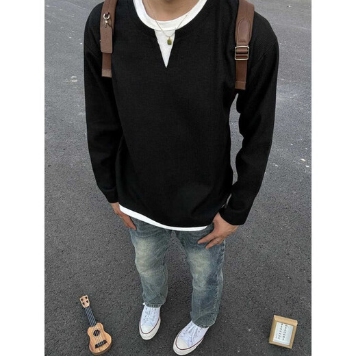 Ziweiqi collar long-sleeved shirt men's spring and autumn waffle base sweatshirt Henry shirt black 3XL 200-250Jin Jin equals 0.5 kg