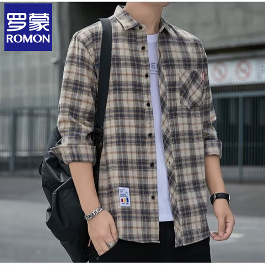 Romon Plaid Casual Shirt Herren Frühlings- und Herbst-Langarm-Hemd Korean Top Retro Loose Summer Dünnjacke K12111 Yellow Blue M 90-110jin [Jin entspricht 0,5 kg]
