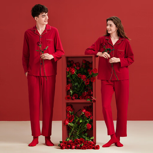 Fenteng Spring and Autumn Couple Red Pajamas Men's Long Sleeve Wedding Zodiac Year Newlywed Suit Big Red Single Men's Style 4XL