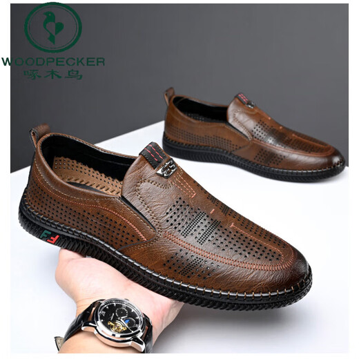 Woodpecker cold leather shoes for men's spring and summer casual leather shoes soft sole soft surface wear-resistant and odor-resistant breathable one-foot summer hollow leather shoes 677 brown 43
