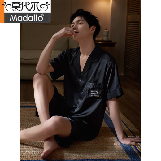 莫代尔高端睡衣男士夏季冰丝短袖短裤家居服男款夏款夏天薄款仿真丝套装 DA9901-男款黑色 L