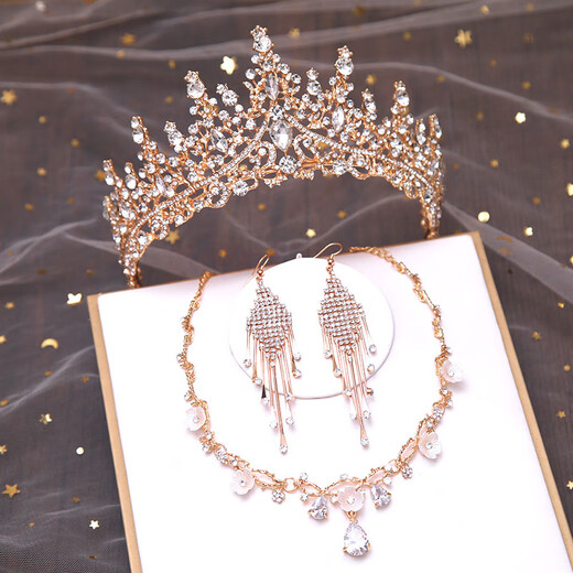 
ShiJUN Adult Gift Crown Three-Piece Set Bridal Headdress Wedding Dress 2025 New Wedding Accessories Wedding Necklace Wedding Birthday King Golden Crown + Earrings Hook (Gift Box Package)