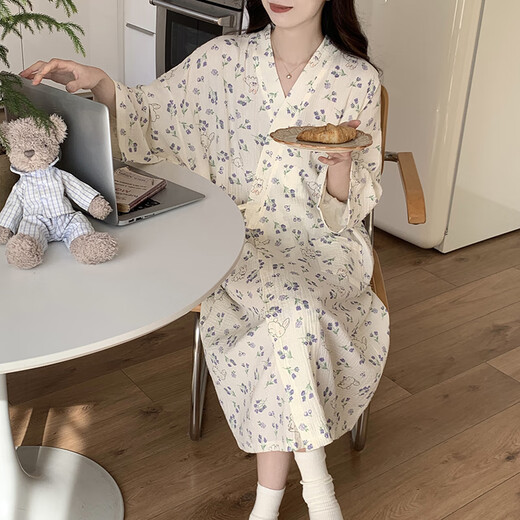 贝逸芙睡袍春秋款女纯棉纱布蜜桃夏季浴袍日式和服浴衣女款睡裙夏款睡衣 QKM671#紫色小花 L