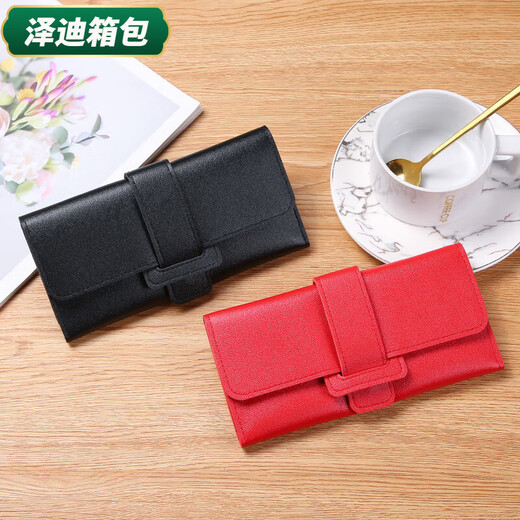 Yunluo's new Korean version solid color draw belt 3 fold women's wallet fashionable buckle student long coin wallet clutch card bag black
