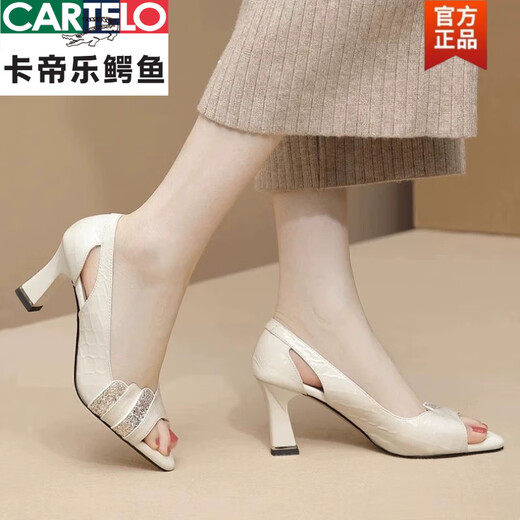 卡帝乐鳄鱼（CARTELO）鱼嘴凉鞋女高跟粗跟2025新款优雅职业百搭浅口鞋气质仙女单鞋 黑色 37