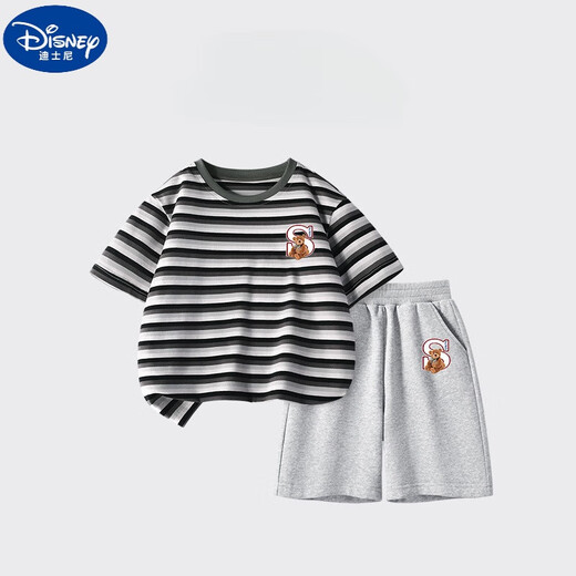 Disney Boys Anzug Sommer Neue Kinder Baumwoll-T-Shirt-Shorts Anzug Big Children's Striped Kurzärmelte-Sporthosen Zweiteiler DDB13688 GRAY + N11762K Schwarz 140 cm Höhe 130-140 cm Alter 8-9 Jahre alt