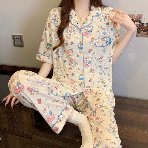 Liushan Pyjamas für Frauen im Sommer neue kurzärmelige Hosen reine Baumwolldünne dreiköpfige süße und niedliche studentische Hauskleidung können außerhalb von FS-14122 Drei-teiliges Set M [75-95] getragen werden