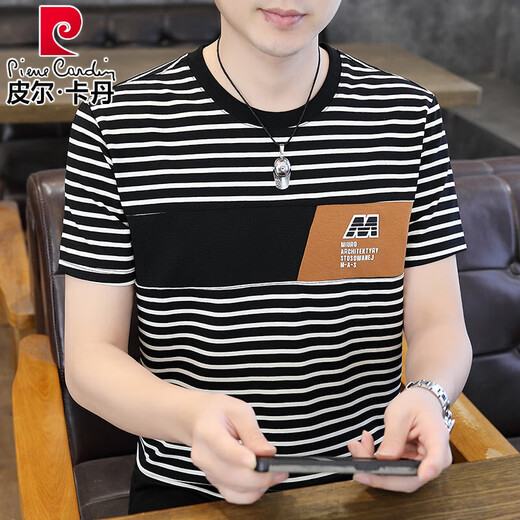 
Pier Cardin ice silk cotton T-shirt for men striped short sleeves 2025 new round neck half sleeve T-shirt for summer men's thin top K9898 white (high quality cotton) M (90-105Jin[Jin equals 0.5 kg])