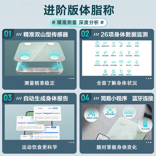 小熊（Bear）体重秤电子秤 智能分析体脂秤家用健康秤人体秤脂肪秤男女减肥用高精度塑形减脂体重管理浅绿色K5