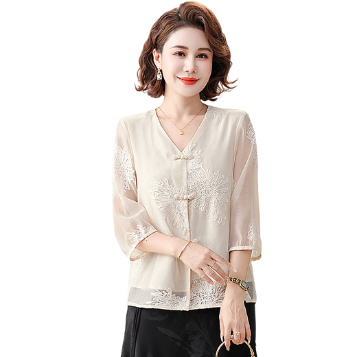 
Yu Zhaolin (YUZHAOLIN) Mother's Day Gift Mom Summer Clothing New Chinese Style Set of Pride Lady New Middle-aged and Elderly Top Chiffon Shirt 829 Beige Top XL Recommended 105 Jin [Jin equals 0.5 kg] or less