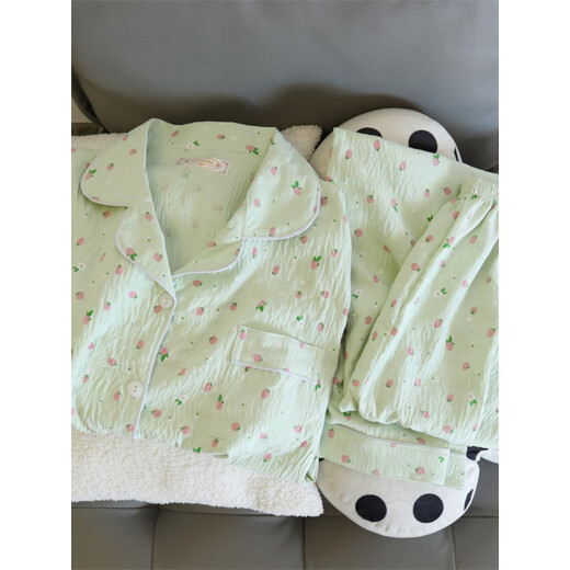 Mimanmei Sweet Strawberry Pajamas for women in spring and autumn summer pure cotton gauze long-sleeved trousers cute student wears home clothes suit 826# Black Rose#[Long Sleeve + Trousers] M [Suggest 80-100Jin[Jin equals 0.5 kg]]