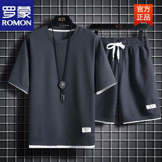 罗蒙（ROMON）重磅华夫格短袖T恤男夏季宽松大码运动短裤套装工作服圆领透气潮 829黑色【套装】 M 100-120斤