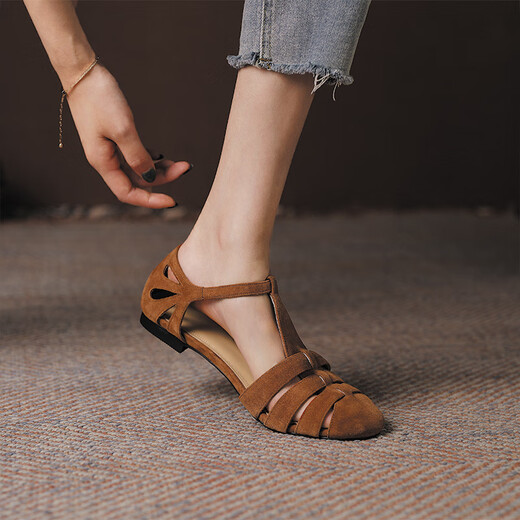 
Asacho Sheepskin Roman Sandals Women's Flat Fashion Shoes New Summer Box Soft Sole Mary Jane Shoes Women's Hollow Women's Leather Shoes Brown 6175 37