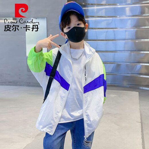 Pierre Cardin Boys' Sun Protection Clothing Summer Thin 2025 New Ice Silk Boys' Jacket Children's Sun Protection Clothing Boys Summer Clothes White Color Block Sun Protection Clothing 120 cm