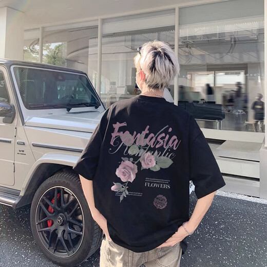 Poum American High Street Rose gedruckt reine Baumwollkurzärmelte T-Shirt Herren Sommer Übergröße Retro Trendy Brand T-Shirt Kleidung MSLWP-C829 Weiß L.
