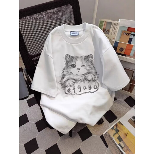 COLORFUL GEMS重磅圆领白色猫咪印花短袖恤男女夏季潮美式情侣宽松五分袖上衣 1416白灰色 2XL