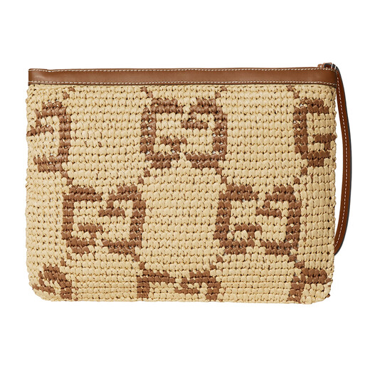古驰（GUCCI）女士棕色酒椰叶效果面料GG图形手拿包8162869AAGM9767 29x19x6cm