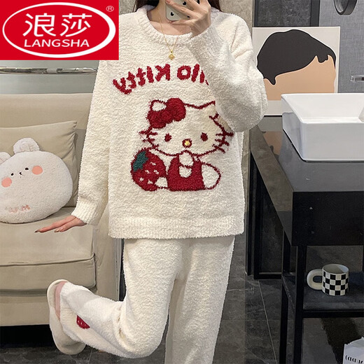 浪莎（LangSha）睡衣女秋冬季软绵绵半边绒珊瑚绒加厚2024新款kt猫大码家居服套装 TX-9901-白色 均码 (80-140斤)