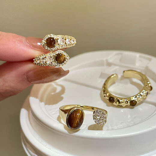 Buck Lemelard Zirconia Tiger Eye Open Ring Women's Niche Versatile Design Index Finger Ring Fashionable and High-end Hand Accessories Ring - Gold - Style 1