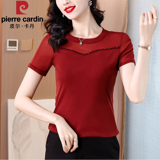 
Pierre cardin mesh base shirt for women short-sleeved T-shirt for women 2025 new summer black mother dress shirt slim lace top black A1389 [short] M