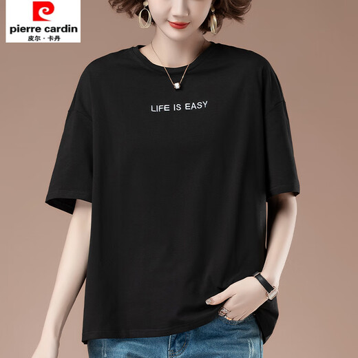 酷章（KUZHANG）加肥加大码夏季新款宽松刺绣短袖t恤女中年妈妈休闲棉上衣体恤 9889黑色 L  100-115斤