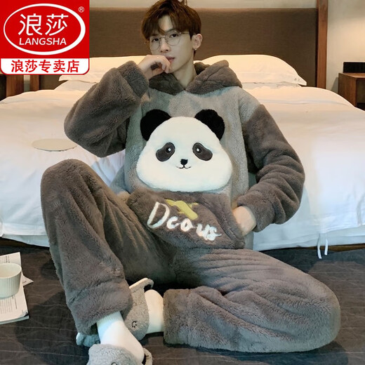 Langsha (langsha) men's pajamas men's coral velvet winter student cartoon loose winter flannel thickened plush home clothing set *ZS*9901 [Double-sided plush set] M small (75-95Jin [Jin equals 0.5 kg])