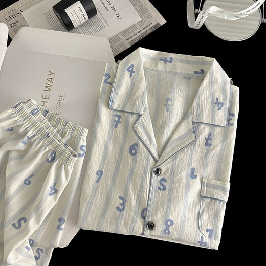 Men's pajamas for men's spring and autumn 2025 new cloud cotton long sleeve thin style youth summer large-size home clothing 12401 [High-quality cloud cotton] L [100-130Jin [Jin equals 0.5 kg]]