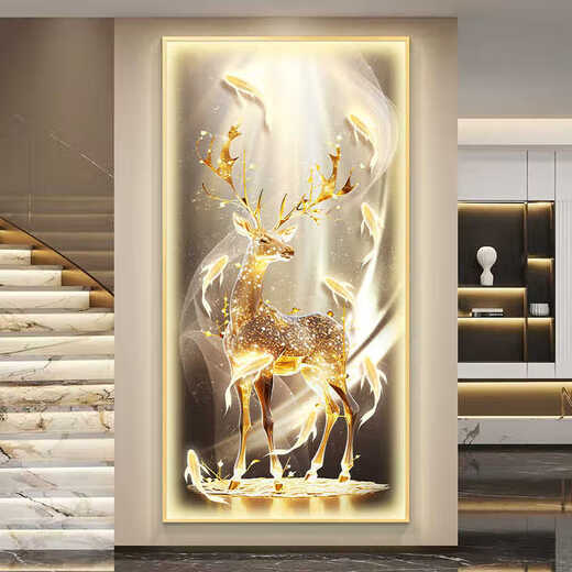 CHENGZAI FUGUI Elk Living Room Decoration Peinture Luxe Luxury Lights Amosphériques LEDS directement en face de la porte murale Mural Painting Halway Paindre T12859 90 * 180 (suggéré pour 1,2-1,5 mètres de mur) Crystal Porcelain Aluminium Gold Frame [Plug-in + télécommande]