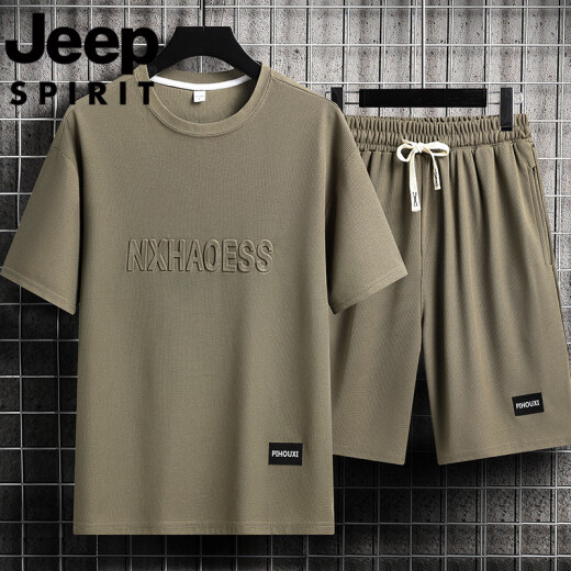 JEEP SPIRIT Jip Waffle Casual Set Men's Summer Teen Large Size Men's Sports Short Sleeve Shorts Two-Piece Set 829-Gray 2XL 160-180Jin[Jin equals 0.5 kg]