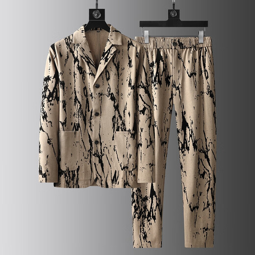 DK high-end men's linen suit suit men's spring and summer thin personalized printed trendy handsome casual suit two-piece set black M