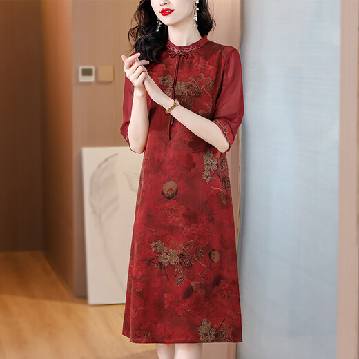 GIOIO香云纱连衣裙新品喜婆婆婚宴装日常可穿高贵年轻妈妈礼服改良旗袍 红色 JY-9901 XL