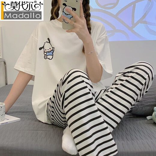 莫代尔睡衣女款纯棉夏季短袖长裤夏天薄款夏款玉桂狗春秋可爱家居服套装 JZM6625爱心 XL 建议110-130斤