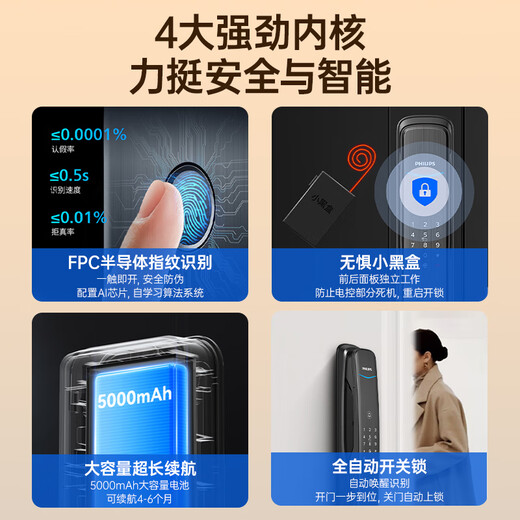 飞利浦（PHILIPS）小蓝盾全自动智能门锁入户门指纹锁家用防盗门密码锁电子门锁 702W 曜石黑