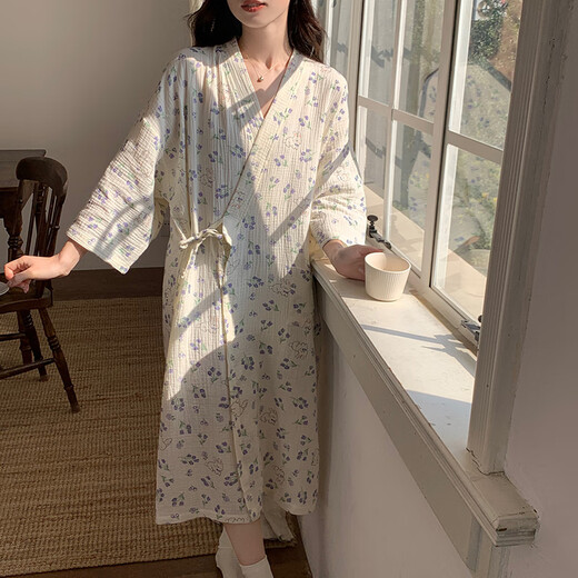 贝逸芙睡袍春秋款女纯棉纱布蜜桃夏季浴袍日式和服浴衣女款睡裙夏款睡衣 QKM671#紫色小花 L