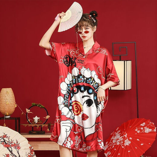 FHHUABD新中式国潮晨袍婚礼新娘伴娘团搞怪睡衣夏季冰丝凉爽睡裙家居服 国潮702短袖墨绿 M 建议80斤-110斤