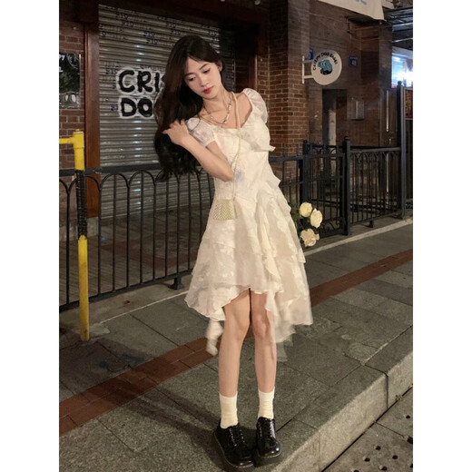 沐霓法式气质初恋白色连衣裙不规则白色礼服裙夏季收腰显瘦纯欲荷叶边 法式初恋连衣裙【白色】 L 码【建议106-125斤】