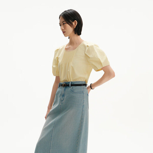 播俏皮减龄泡泡袖衬衫女25夏季新款圆领小A版宽松衬衣DDS2HD5012 Y10润玉 L