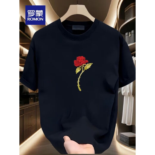Camiseta de manga corta Romon para parejas, camiseta impresa en cuello redonda moderna, algodón tapa de algodón versátil simple versátil simple, verano, imagen grande del frente negro, K1049 Rose rojo individual, L, 120-140Jin recomendado [Jin equivale a 0.5 kg]