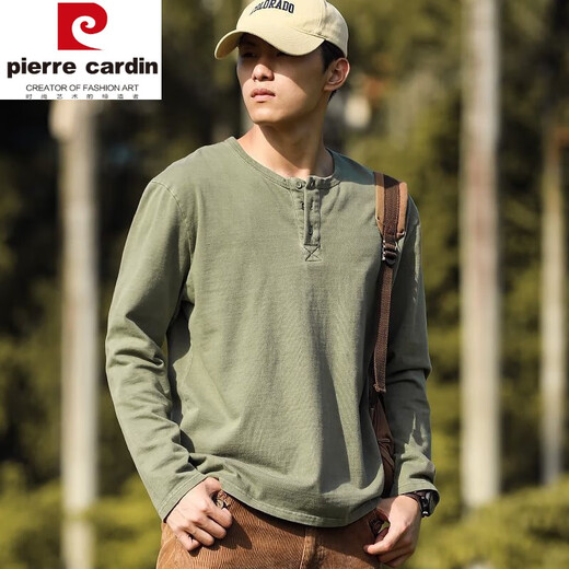 Pierre Cardin American retro distressed Henry shirt men's spring and autumn large size 300 Jin Jin equals 0.5 kg Heavy cotton American casual long-sleeved base T-shirt Army Green XL Recommended 115-145 Jin Jin equals 0.5 kg