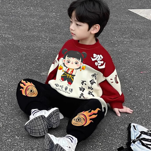 Шол-маскировки Cool Sheep Boy Nezha Set Spesing и осень-стиль 2025 Новый детский модный осенний модный мальчик спортивная одежда с двумя частями Red Lights 100