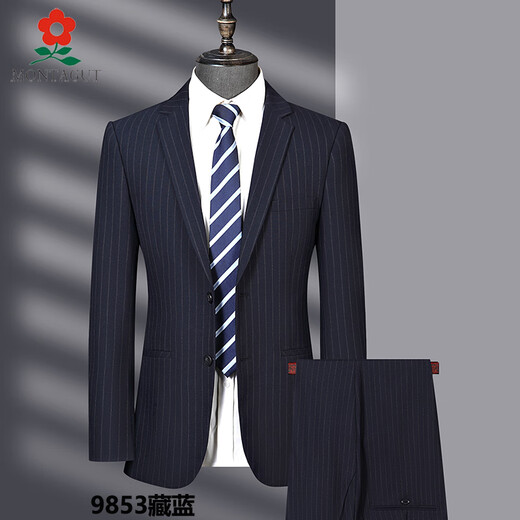 MONTAGUT Middle-aged Men's Suit Three-Piece Set Business Casual Groom's Wedding Groom's Wedding Dress Suit Jacket 9853 Hidden Blue Two-Piece Set Two Button Single Open M 170/M Suitable for 100-115Jin [Jin equals 0.5 kg]