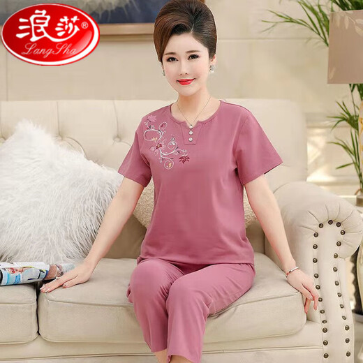 浪莎中老年妈妈睡衣女士夏季纯棉短袖七分裤大码夏天可外穿家居服套装 TF3937 M [建议80-95斤]