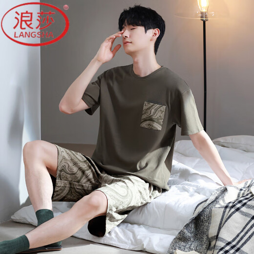 浪莎（LangSha）睡衣男款男士夏季纯棉2025短袖短裤夏款渲染居家居服套装夏天 YH:854蓝猫灰英文 L 【不起球/不褪色】